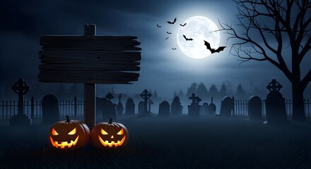 Eerie halloween night scene with glowing pumpkins, a wooden sign, and bats flying in front of a full moon over a spooky graveyard with tombstones