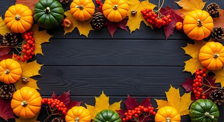 Festive autumn frame with colorful pumpkins, leaves, pine cones, and rowan berries arranged on a dark wooden background with copy space