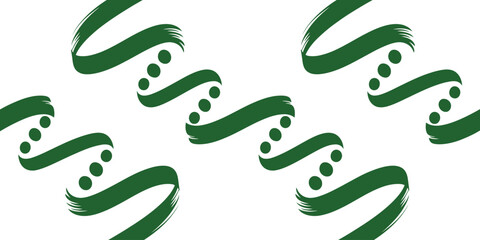 A repeating pattern of green ribbons with four dots on a white background in a zigzag arrangement
