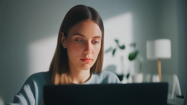 Focused woman working remotely on laptop in bright modern workspace, dynamic lifestyle content for productivity and flexible work arrangements