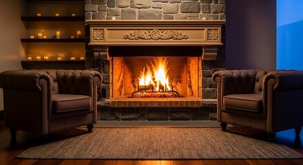 Cozy fireplace with burning logs and two armchairs creating a warm and inviting atmosphere for relaxation and comfort in a rustic setting