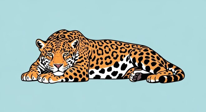Illustrative leopard resting on blue background with distinct spots and relaxed expression