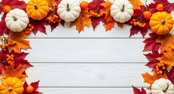 Autumn frame with colorful maple leaves, pumpkins, and rowan berries on a white wooden background thanksgiving day concept with copy space