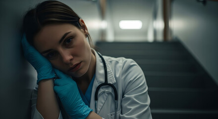 Woman doctor leaning against hospital stairwell wall with tired expression. Exhausted medical professional in white coat and blue gloves taking brief rest. Healthcare worker fatigue and burnout