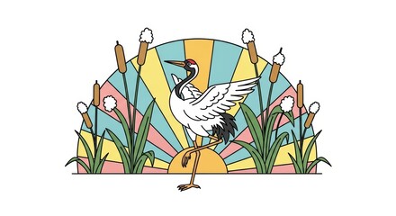 Naklejka premium Colorful crane standing amidst cattails at sunrise with vibrant geometric background