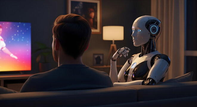 Man watching colorful television show on couch with female robot assistant gesturing nearby. Modern living room scene illustrating artificial intelligence companionship and home entertainment