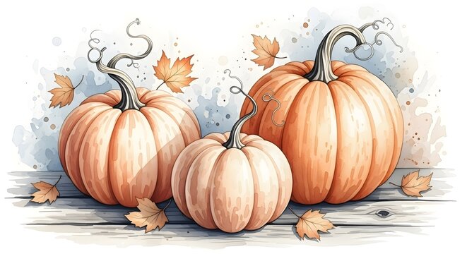 Watercolor autumn harvest three pumpkins and falling leaves on a rustic wooden surface, creating a cozy and festive fall season scene isolated on white background