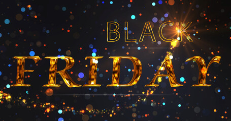 Cinematic Gold Black Friday typographic animated particle flowing bg. Sales business expansion, advertisement backdrop for promotion of Mid night discount. Deal of the day, best offer of the year
