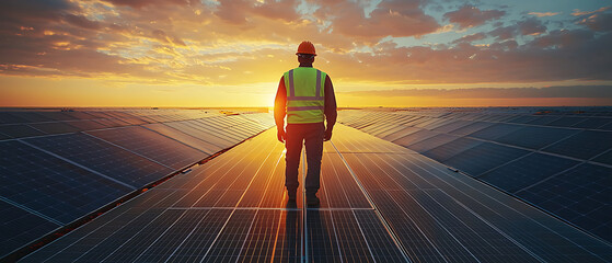 Worker in reflective vest stands on vast solar panel field at sunset
