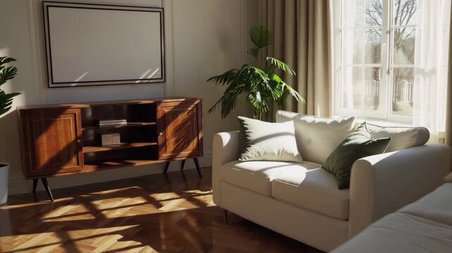 Cozy spring living room interior with white sofa, wooden sideboard, plants, and mock-up poster frame.