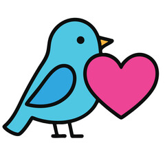 Cute blue bird holding a pink heart icon