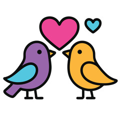 Cute love birds, colorful heart, romantic pair, illustration, minimal style