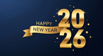 Golden 2026 New Year Greeting with Ribbon on Blue Background