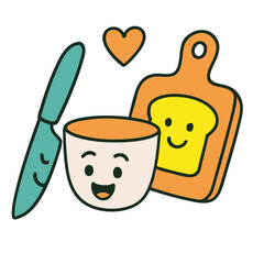 Happy kitchen icons, cartoon bowl, knife, bread, cutting board, heart, cute vibe