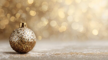 A shimmering gold and white Christmas ornament sits on a snowy surface, surrounded by a soft, golden bokeh background, evoking holiday cheer.