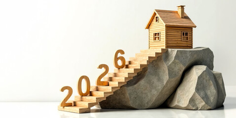 Wooden numbers 2026 and a private new home at the top of the stairs on the stones on a light background with copy space. Banner of confident development of the real estate market and private sector