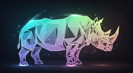 Digital representation of a rhinoceros constructed from glowing, multicolored geometric facets against a dark backdrop