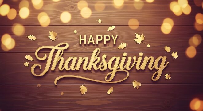 Happy thanksgiving greeting card design with golden typography and autumn leaves on a rustic wooden background, perfect for holiday celebrations and festive wishes - Powered by Adobe