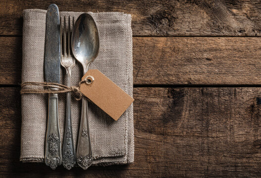 Vintage silverware cutlery spoon fork knife placed on linen napkin, rustic mood