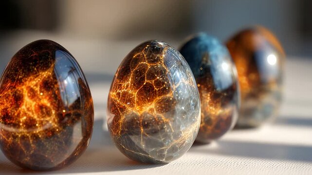 Four decorative eggs with intricate designs display stunning colors and light reflections. Each decorative egg features unique patterns that enhance their artistic appeal.