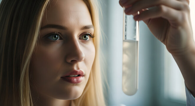 Woman scientist holding test tube with white liquid. Laboratory examination and chemical analysis. Scientific research and experimentation concept in modern lab.