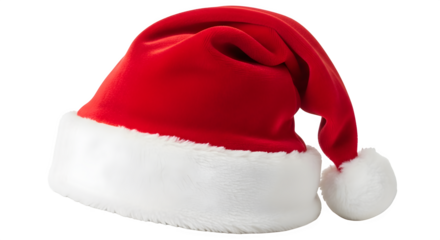 Classic red santa hat with white trim isolated on transparent background