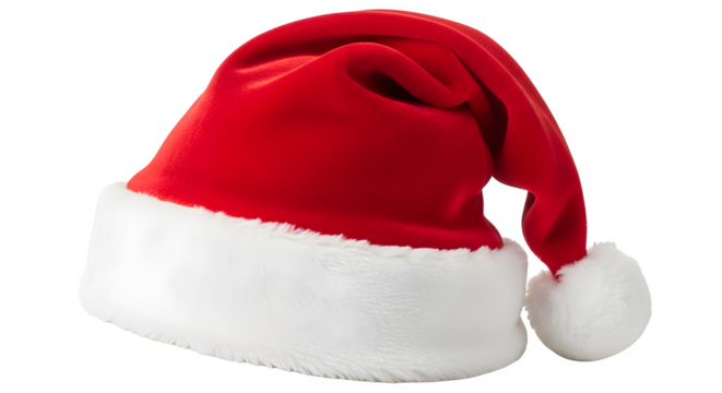Classic red santa hat with white trim isolated on transparent background