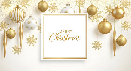 Elegant merry christmas greeting card with gold ornaments and snowflakes on a white background