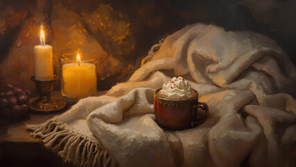 Cozy Retreat Warm Drink by Candlelight with Soft Blanket for Peaceful Relaxation
