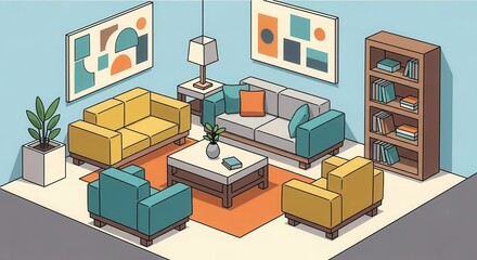 Fototapeta premium Isometric view of a mid-century modern inspired living room interior design