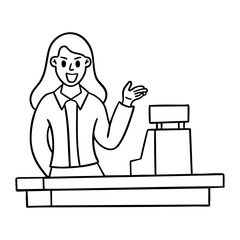 Friendly Young Female Cashier Waving and Smiling to Welcome Customers at the Retail Store Checkout outline style