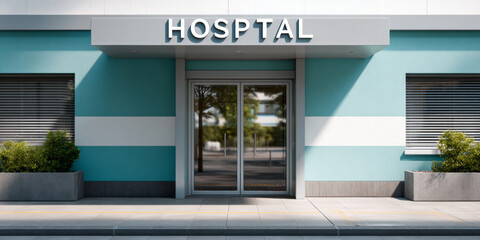 Modern hospital entrance with glass doors and teal and white striped exterior walls under clear daylight