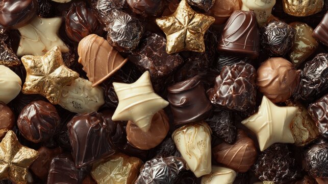 A tempting assortment of assorted chocolates in various shapes and colors, including dark, milk, and white chocolate, beautifully arranged for indulgence. - Powered by Adobe