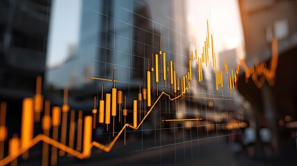 Dynamic financial chart showing positive growth and upward trends in front of modern city architecture for business analysis