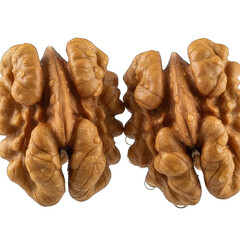 Close up of two identical halves of a shelled walnut kernel showing intricate natural texture and details isolated on a stark black background