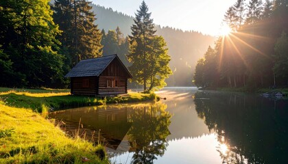 A rustic wooden cabin sits peacefully on the grassy bank of a calm lake, bathed in the warm glow of the rising sun.