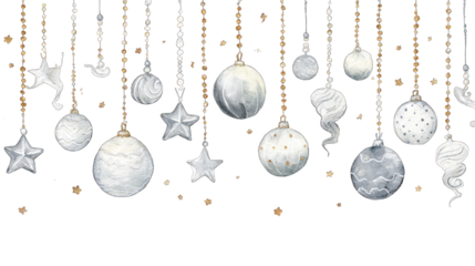 A collection of decorative hanging ornaments featuring stars and spheres in various designs and textures.