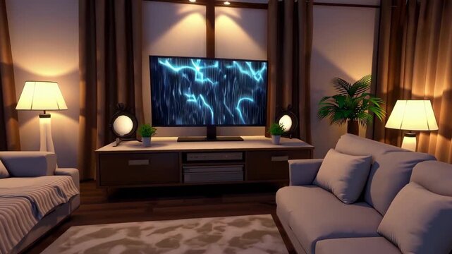 Cozy lo-fi anime living room with rainstorm ambiance, stream overlay background.