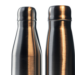 Close Up Of Two Stainless Steel Water Bottles With Textured Surfaces Reflecting Warm Golden Light Isolated On Black Studio Background