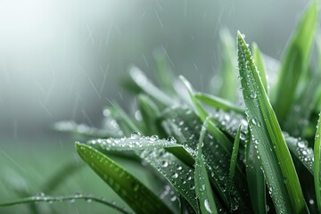 Obraz premium Soft green blades of grass are adorned with shimmering dewdrops following a gentle rain. The scene evokes a sense of calm and freshness in nature’s embrace