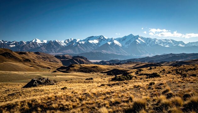 A wide landscape view of a majestic mountain range with snow-covered summits, set against a bright blue sky, with foreground hills covered in golden, dry grass.