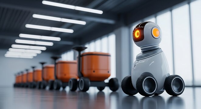 A futuristic warehouse scene featuring a small, friendly robot leading a train of orange cargo carriers, ready for efficient package delivery