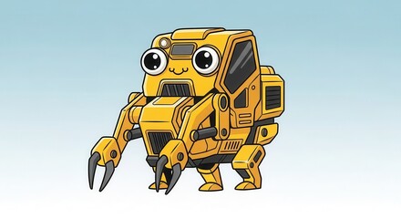 Cute yellow mechanized automaton with large eyes stands against a light blue gradient background