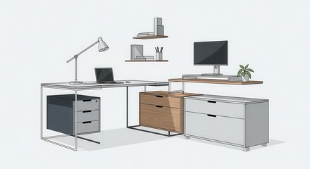 Modern L-shaped workspace arrangement featuring electronic devices and storage solutions