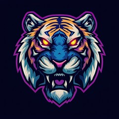 Obraz premium Vibrant tiger mascot head illustration with glowing eyes perfect for esports team or gaming logo design, dynamic and fierce