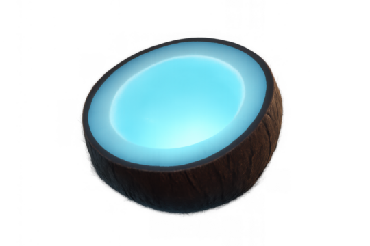 Coconut half shell glowing with blue liquid, illustrating fantasy tropical drink, exotic cocktail, surreal beach concept