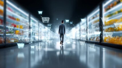 A business professional walking through a futuristic supermarket aisle filled with digital shopping carts and illuminated grocery shelves, showcasing a blend of technology and retail innovation. - Powered by Adobe