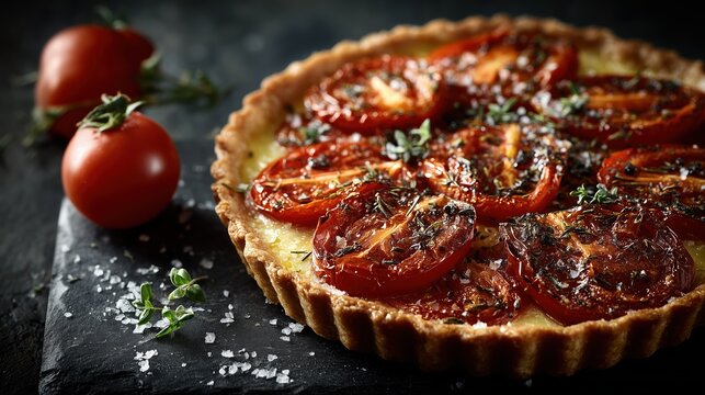 Tarte aux tomates cerises caram&eacute;lis&eacute;es avec herbes fra&icirc;ches sur ardoise