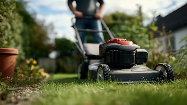 Tondeuse &agrave; gazon en action dans un jardin verdoyant avec personne