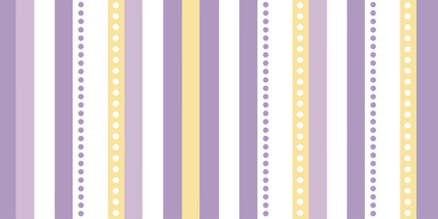 A pattern of vertical stripes in shades of purple white and yellow with dotted lines in between them